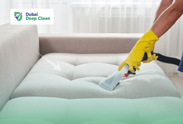 A cleaning specialist wearing yellow protective gloves using a professional steam extraction nozzle to deep clean a light-grey fabric sofa.